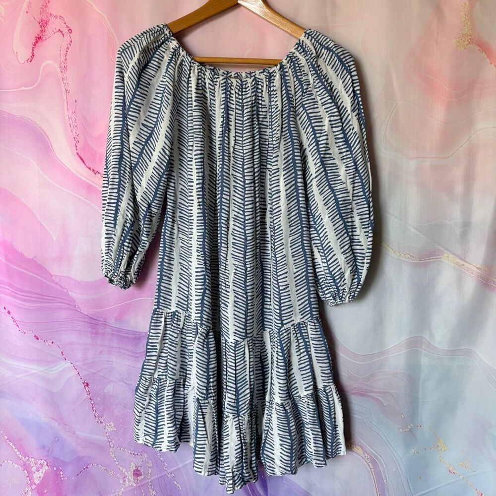 Skemo S Blue White Tiered Off the Shoulder Prairie Dress Boho Hippie Boardwalk